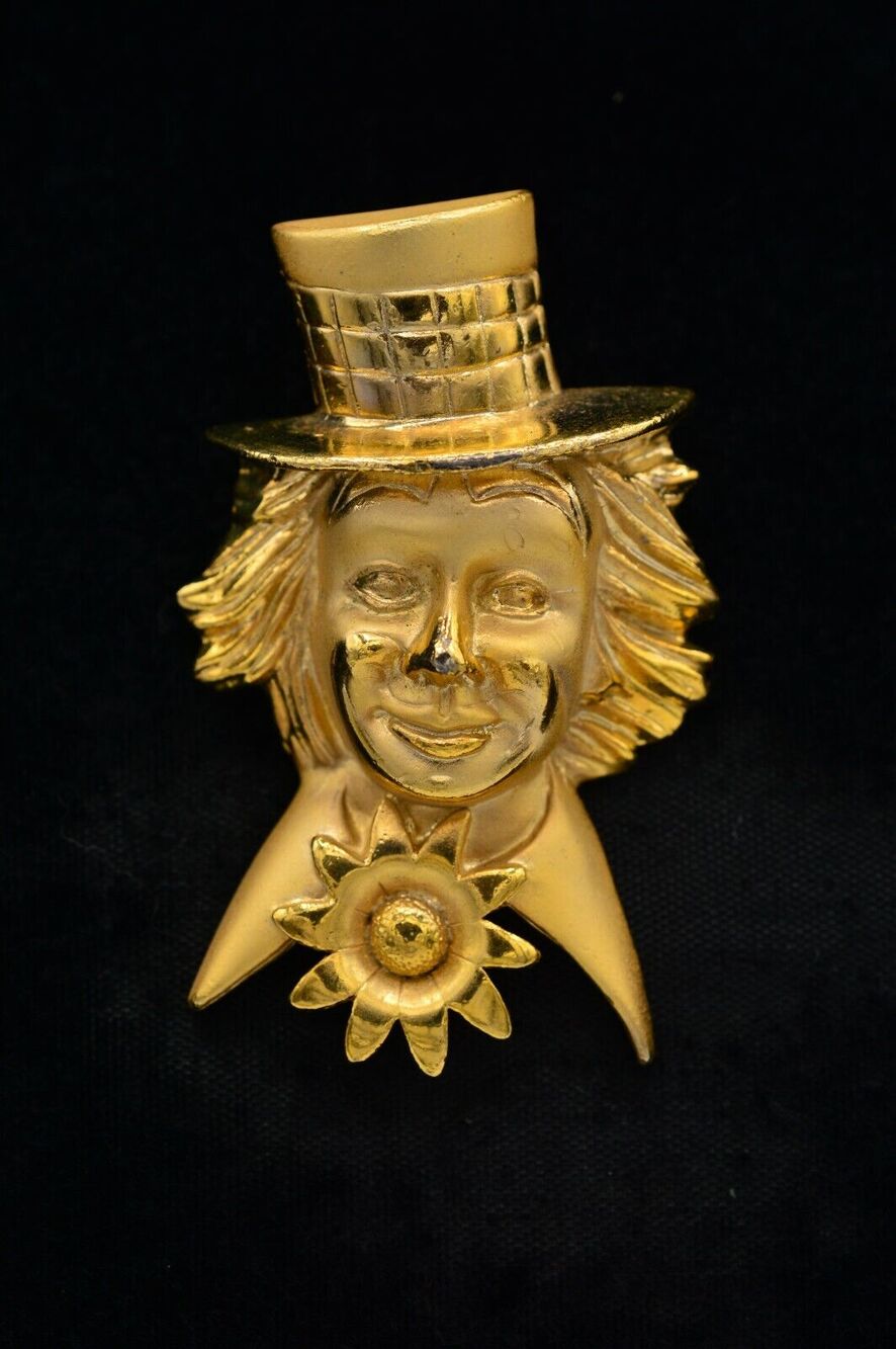Vintage Classic Clown Pin Brooch Brushed Gold Face Large Chunky NOS 1980s BinAC